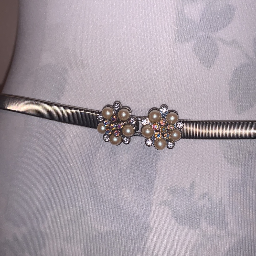 Boutique Silver Tone Snake Faux Pearl and Rhinestone Stretch Belt